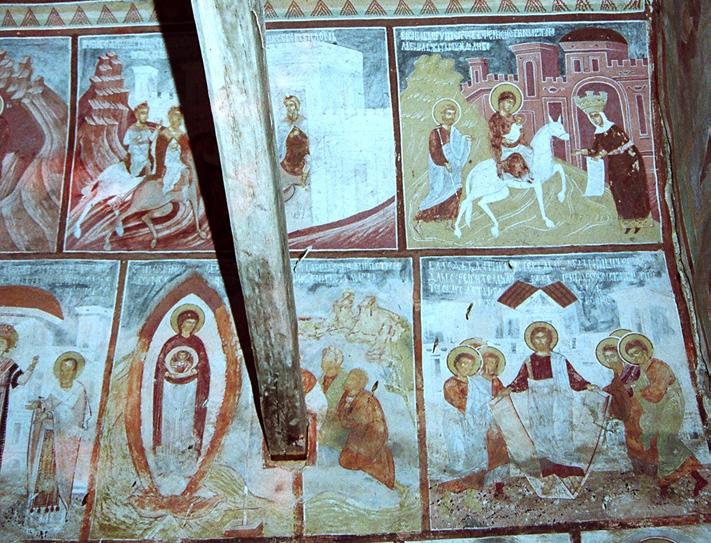 Сл.13. Сеславски манастир, нартекс, северен ѕид Fig.13. Seslavci monastery, narthex, north wall лаки, каде што ци клусот опфаќа само 16 сцени, како и во Сливница, последната е илустра ци ја на 9.
