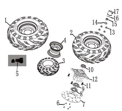 FIG.6 FRONT WHEEL SYSTEM FRONT WHEEL SYSTEM 6-1 4410000150U002 FR.WHEEL ASSY.L. 22*7-10 1 6-2 4420000150U002 FR.WHEEL ASSY.R. 22*7-10 1 6-3 4403100150U002 TIRE RR.