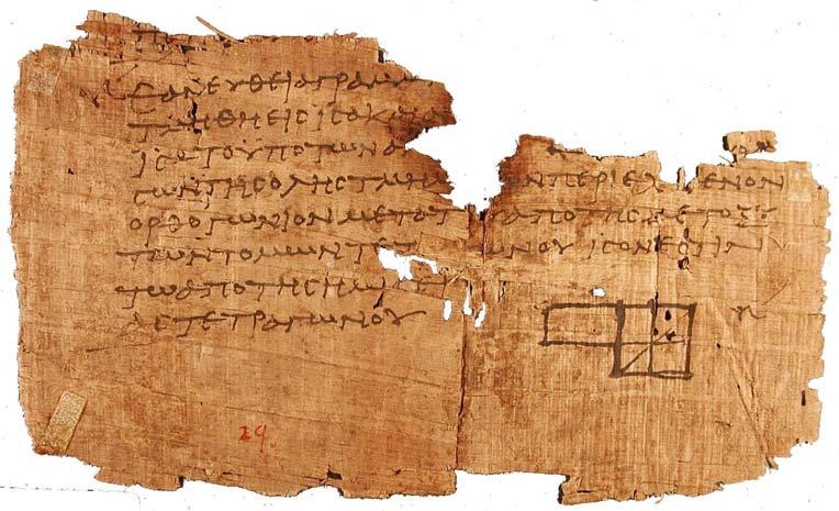 Слика 3. Један од најстаријих фрагмената Еуклидових Елемената, нађен у Оксиринкусу, приближно око 100. п.н.е. Дијаграм илуструје Пропозицију 5 из друге књиге (извор http://en.wikipedia.