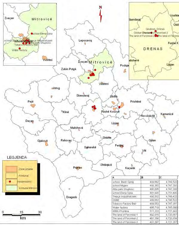 46 Plani Hapësinor për Zonën me Interes të Veçantë Ekonomik Fusha e Mihjes së Re Harta 15. Shtrirja e pikave për monitorim të ajrit në Kosovë.