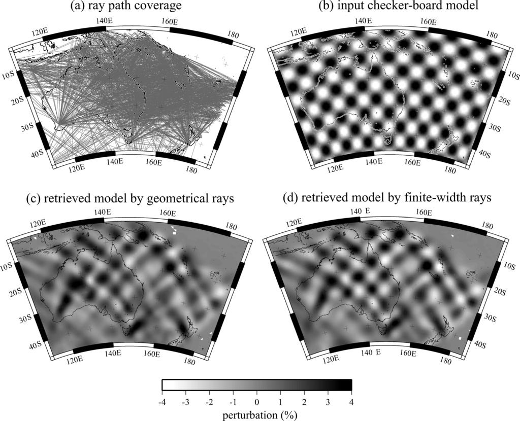 401 10 30 5 3 4.3 Yoshizawa and Kennett (2004a) Fig. 7 (4) (Fig. 7(b)) (5) Fig. 7(a) (4) Fig. 7. Realistic resolution tests using the ray theory and influence-zone theory.