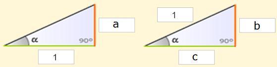 EXERCICIOS resoltos 16. Decide que razóns do ángulo α corresponden aos lados a, b e c Solución: a = tan α b = sen α c = cos α 17.
