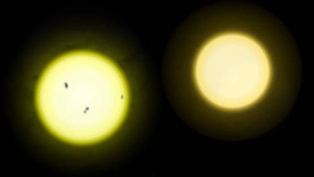 Obr. č. 2. Porovnanie veľkostí a farieb hviezd sústavy Centauri a Slnka. Autor: D. Benbennick. Obr. č. 1. Slnko (vľavo) je trochu väčšie, horúcejšie a aktívnejšie ako Ceti (vpravo). Autor: R.J. Hall.