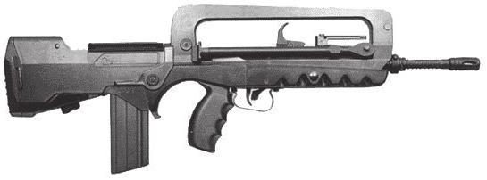 6.11. att. Triecienšautene FAMAS F1. Svira palēninātājs vienlaikus garantē, ka šāviens nenotiek, līdz aizslēgs nav noslēdzis patrontelpu, jo tā bloķē belzni.