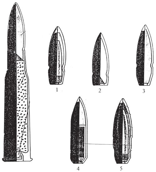 2.11. att. 7,62 mm Mosina šautenes patrona: 1 parastā ar tērauda serdeni, 2 parastā vieglā, 3 parastā smagā, 4 trasējošā, 5 bruņusitēja aizdedzinošā.