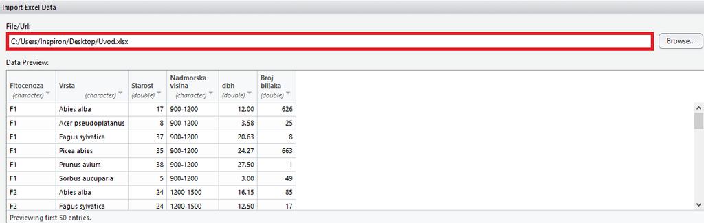 Подаци се могу учитати кликом на import dataset или помоћу пакета. Поступак учитавања документа Uvod.xlsx приказан је на Слици 4. Слика 4.