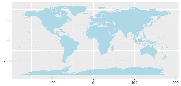 world_map <- map_data("world") ggplot(world_map) p <- ggplot() + coord_fixed() + xlab("") + ylab("") p base_world_map <- p + geom_polygon(data=world_map, aes(x=long, y=lat, group=group), color="light