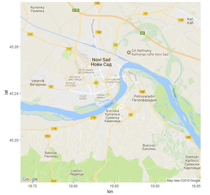 R команде На почетку ће бити учитани потребни пакети: library(ggplot2) library(ggmap) library(maps) library(basemap) Подаци о биљним индивидуама ће бити учитани помоћу команде: attach(praktikum) У