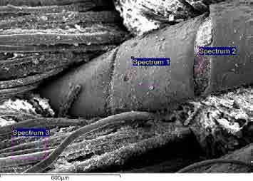 ЧИШЋЕЊЕ МЕТАЛНИХ НИТИ НА ТЕКСТИЛНИМ МУЗЕЈСКИМ ЕКСПОНАТИМА... 273 a б ц д Слика 4. СЕМ фотографија и ЕДX спектра дела узорка с корозионим продуктима Табела 1.