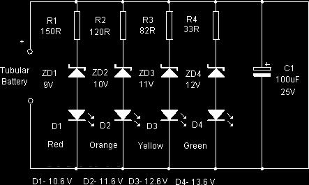 Indikator DC napona sa Zenerovom diodom - Zenerove diode mogu biti izrađene s različitim naponima proboja - Različite Zenerove diode različiti naponi proboja (u gornjem primjeru 9 V, 10 V, 11 V, 12
