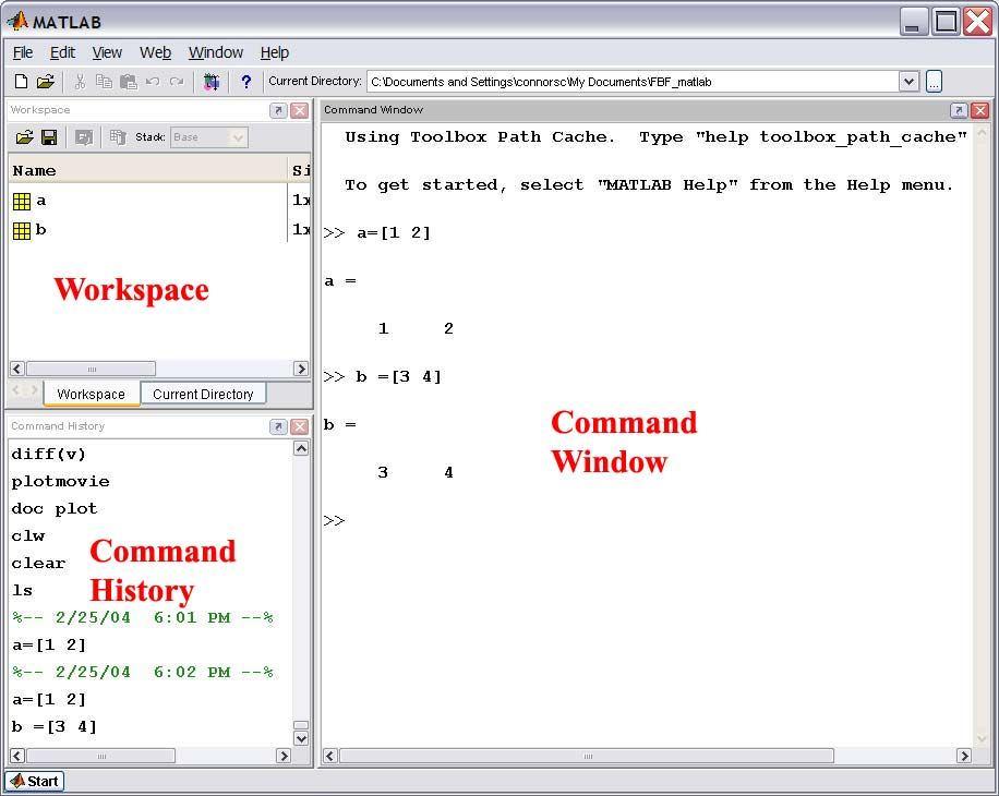 могуће је из менија View. Целина Workspace чува податке о променљивим, као што је име, врста и вредност променљиве. У целини Command Window појављује се знак >> иза кога се пише команда.