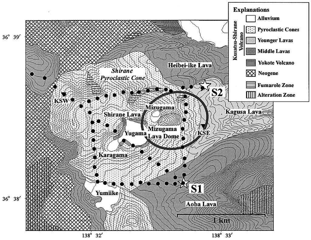 P 11 (a) (b) Fig. +. (a) A geological map around Shirane pyroclastic cone, Kusatsu-Shirane volcano after Uto et al.