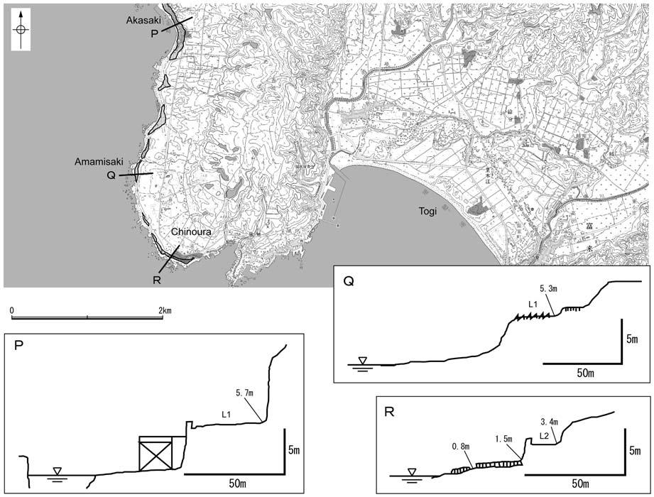 ,**1 Fig. ++. Distributions (dotted area) and topographic cross sections (insets) of Holocene emerged shoreline topography in Togi area. Fig. +,.