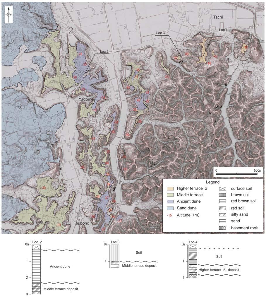,**1 Fig. /. Topography and columnar sections at Yadome. Map is using the Red Relief Image Map of + m-dem.