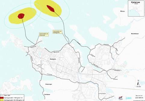 Mynd 2. Þynningarsvæði fyrir útrásir skólphreinsistöðva í Ánanaustum og við Klettagarða í Reykjavík. Yfirfallstími í útrásum dælu- og hreinsistöðva í Reykjavík Samkvæmt reglugerð nr.