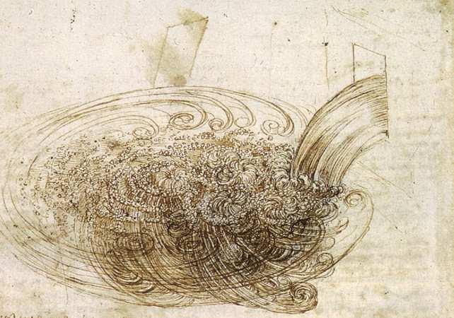 Глава 3. Физичко-математичко моделирање турбулентних струjања Слика 3.1. Чувена скица Студиja истицања воде Леонарда да Винчиjа (1452-1519) у коjоj се виде вртлози разних размера.