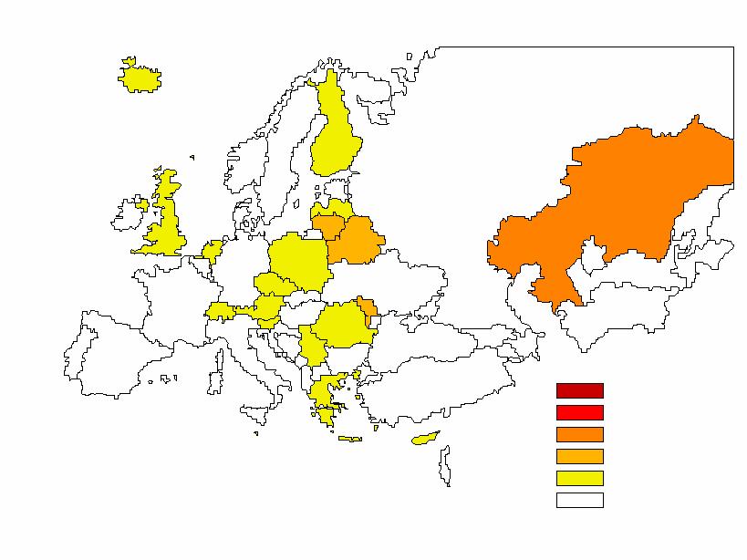 Mапа 1. Стандардизоване стопе морталитета од заразних болести у Србији и земљама европског региона, 2007.