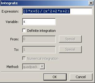 1.. НЕОДРЕЂЕНИ ИНТЕГРАЛ Наредбом integrate израчунава се неодређени интеграл симболички задатe функције. Наредба има облик: integrate (funkcija, promenljiva). 3x + 5 ПРИМЕР 1 : Израчунати интеграл dx.