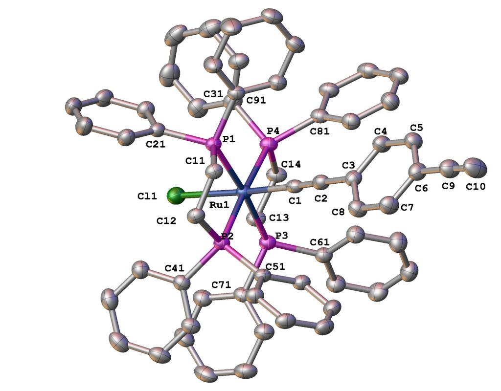 Figure S3. A plot of a molecule of 2i showing the atom labelling scheme. Table S8. Crystallographically determined bond lengths for 2i. Atom Atom Length/Å Atom Atom Length/Å Ru1 Cl1 2.
