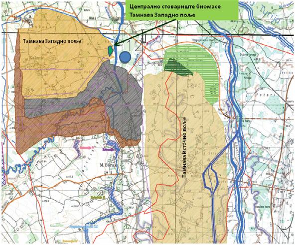 Слика 24. Позиција централног стоваришта биомасе Западно од Монтажног плаца уз постојеће одлагалиште јаловине у односу на макролокацију Тамнава-Западно поље (ТЗП) Табела 42.