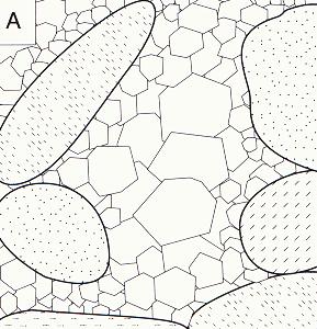 (B) Poikilotopni kalcitni cement u kvarcnom arenitu (A) koji ispunjava i pukotine kalavosti u alk. feldspatu (B). Vidno polje 3x2mm (A) odnosno 1,2x0,8mm (B).