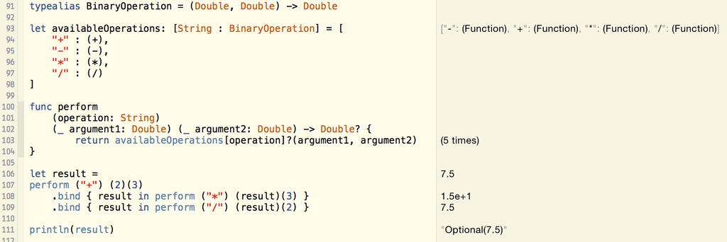 let maybec2 = a. bind { $0.b(). bind { $0.c() Предност bind jе што се може користити са произвољним функциjама и методима, укључуjући и ламбда изразе за jеднократну употребу.