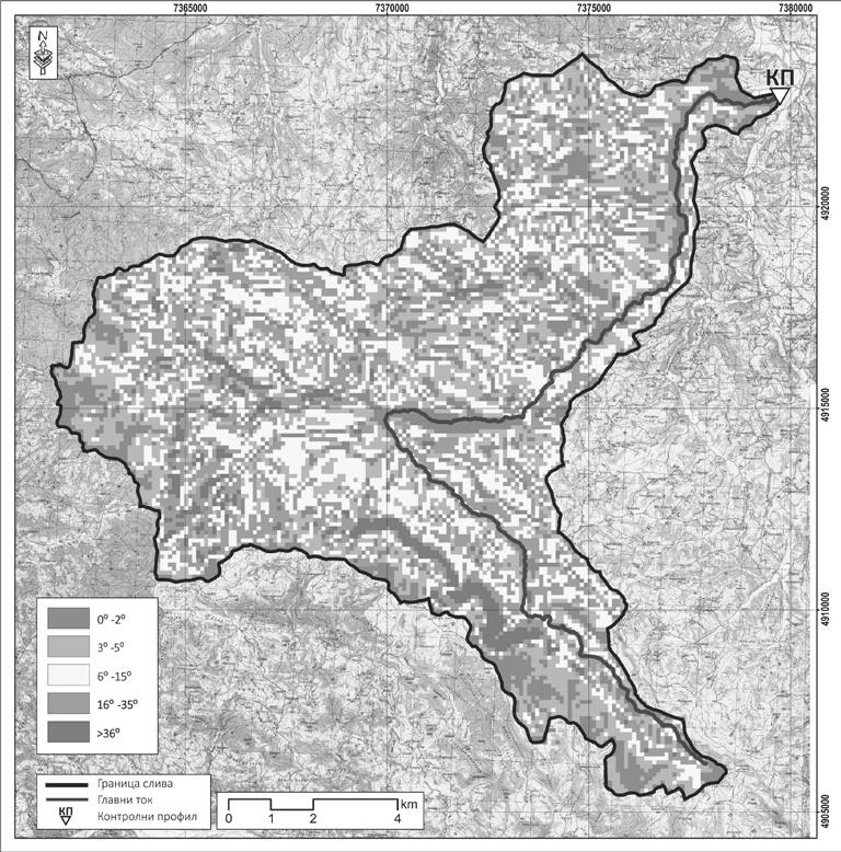 Карта нагиба терена на сливу реке Ликодре туелном начину коришћења, који је дефинисан према ортофотоснимцима новијег датума. Све претходно наведене базе података су анализиране у ГИС окружењу.