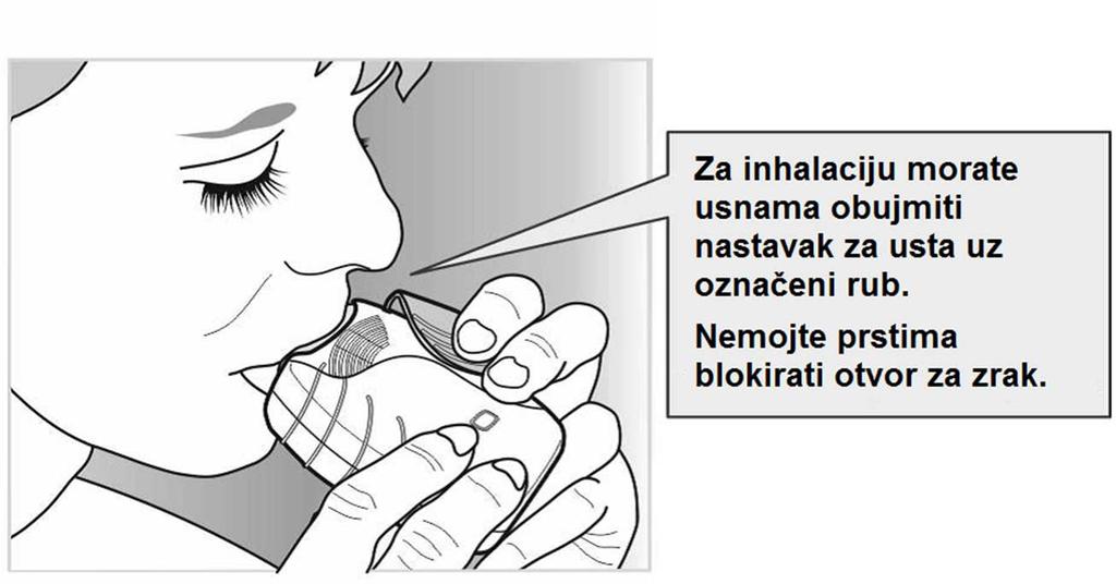 Nemojte izdisati u inhalator. Stavite nastavak za usta među usne i čvrsto ga obujmite usnama. Nemojte prstima blokirati otvore za zrak.
