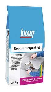 Knauf Reparatur Spachtelmasse Remontinis, polimercementinis glaistas Vidaus ir išorės darbams. Polimercementinis. Nesuslūgstantis, hidrauliškai kietėjantis, smulkios frakcijos. Po 3 val.