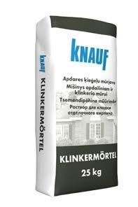 Mūro mišiniai Knauf Klinkermörtel Apdailinio ir klinkerio mūro mišinys Vidaus ir išorės darbams. Cementinis. Didesnis atsparumas mechaniniam poveikiui. Neatsiranda dėmių. Mažas vandens įgeriamumas.