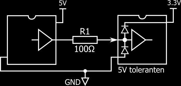 Visoko stanje 5V logike je namreč precej nad napajalnim nivojem LVCMOS, zato bo po signalni liniji stekel velik enosmerni tok čez vhod vezja proti 3.3V napajalni liniji.