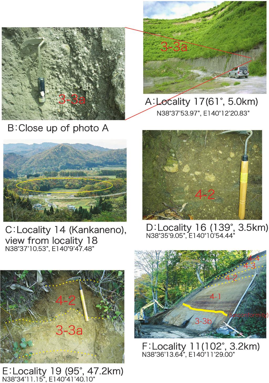 326 ῐ Fig. 3. Typical occurrences of Hijiori eruptive products. A : Stage -ῌ-a pyroclastic ﬂow deposit at Warabi-no, bearing 0+ degrees and /.* km from the caldera center. B : Close up of photo A.