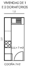 Peza Dimensións mínimas e outras características Cociña Vivendas de un e de dous dormitorios: 7 m 2 (estar) + 4 m