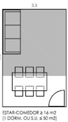 Vivendas de tres dormitorios: 16 m 2 (estar) + 4 m 2 (se inclúe o comedor).
