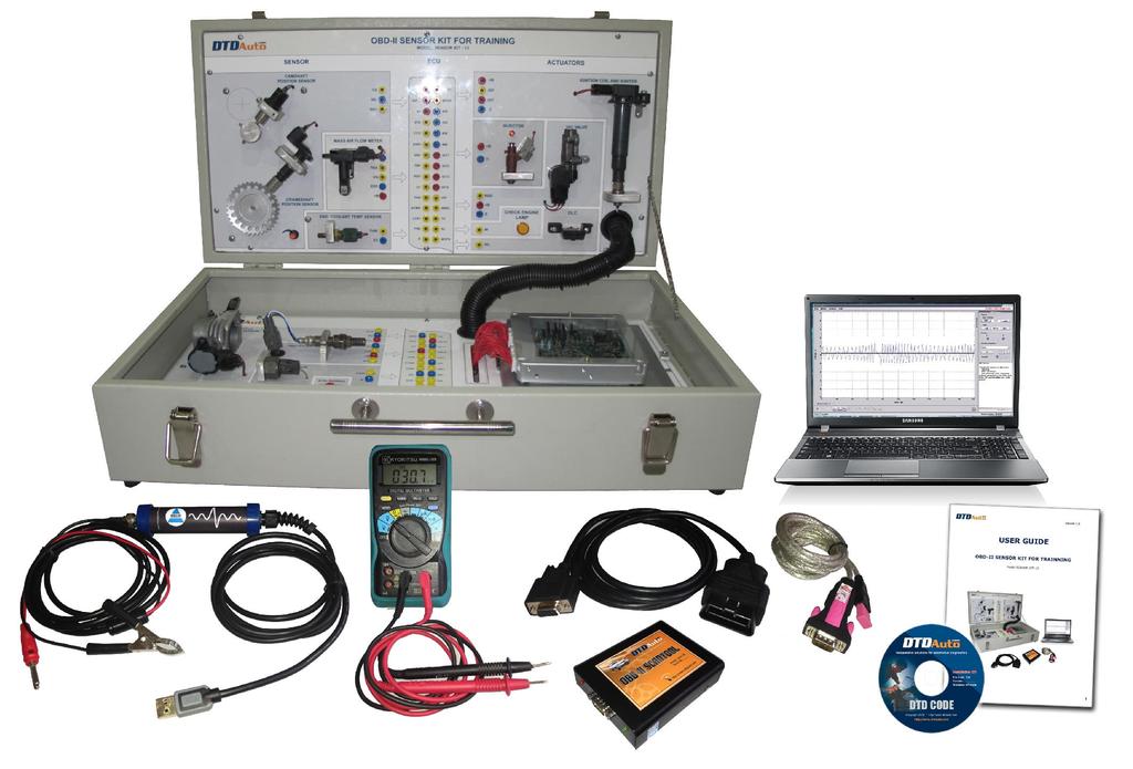 Hình ảnh chi tiết thiết bị SENSOR KIT - 13-01 bộ KIT cảm biến OBD-II - 01 bộ thiết bị chẩn đoán OBD-II Scantool - 01 đồng hồ vạn năng - 01 bộ thiết bị Auto Scope đo xung điện cho ô tô - 01 CDROM phần