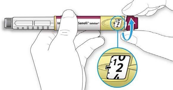 A Odaberite 2 jedinice okretanjem izbornika doze dok se pokazivač doze na nađe na oznaci 2. B Pritisnite dugme za injiciranje do kraja. Ako inzulin izlazi kroz vrh igle, brizgalica radi ispravno.