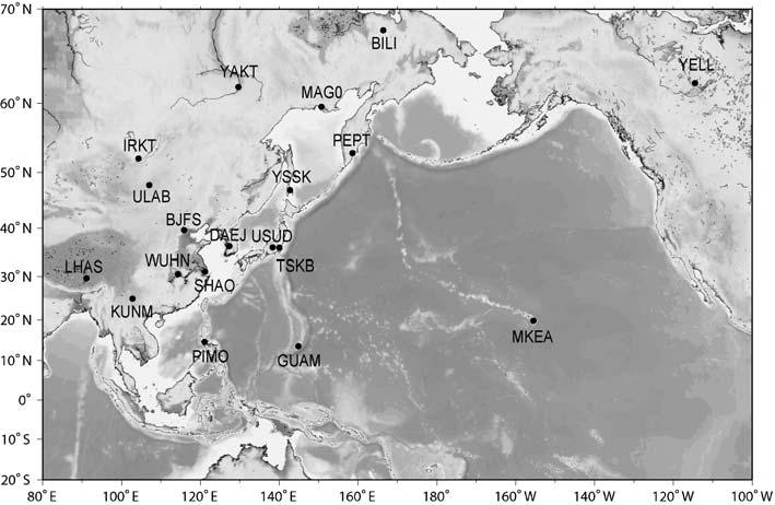 Fig. -. Distribution of IGS stations for the present analysis. Table,.