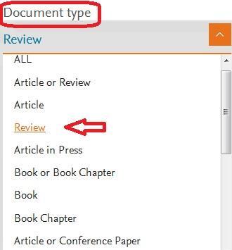 برای مثال اگر نیاز است که در مقاالت مروری )Review( جستجو کنید در قسمت Document type Review گزینه را انتخاب و جستجوی خود را به این نوع از مدارک محدود نمایید.