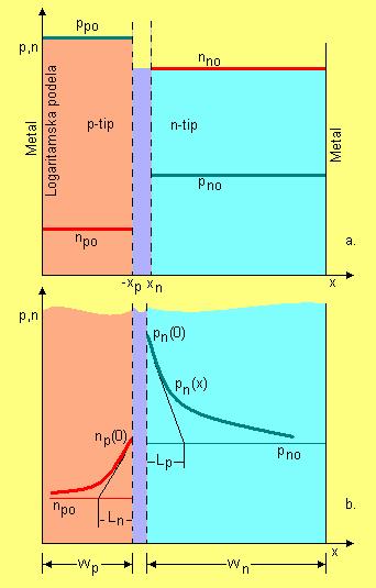 Sl. 2.9. Kvalitativa redstava kocetracija osilaca aelektrisaja du` (a) eolarisae i (b) direkto olarisae (samo za majiske osioce) - diode.