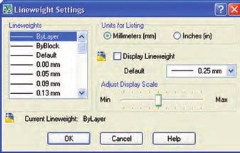 قسمت :Lineweights در اين قسمت ضخامت خط جاري قابل تنظيم است ضمن اينكه گزينههاي ByLayer و ByBlock به مفهوم تعيين ضخامت خط توسط اليه و بلوك نيز قابل تنظيم است.