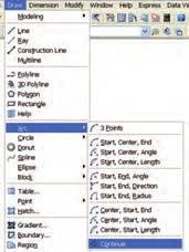 مراحل ترسيم كمان به روش Continue 1. از طريق منوي Draw در زيرمجموعۀ Arc بر روي گزينۀ Continue كليك ميكنيم. 2. نقطۀ پاياني كمان را تعيين ميكنيم.