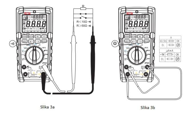 Ako izmjerene vrijednosti otpora i otvorenog strujnog kola prekoračuju maksimalan raspon mjerača, na LCD zaslonu bit će prikazano "OL".