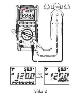 4) Postavite prvi izvor napona za priključak COM, crnu sondu povežite s L3, a crvena sonda će mjeriti L2 prvi put.