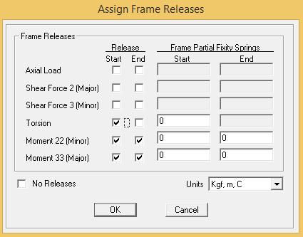 مسیر: Assign > Frame > Releases/Partial Fixity شکل 9 : آزادسازی انتهائی تیرها 8-3 اختصاص مشخصات بعد از اصالح مدلسازی باید مشخصات مقاطع به المانها اختصاص داده شود.
