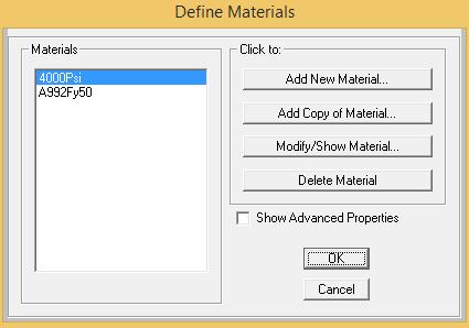 شکل 7 : پنجره تعریف مشخصات مصالح 000Psi بر اساس شکل 7 A99Fy50 فوالدی است که در آمریکا بیشتر مورد استفاده قرار میگیرد. A615Gr60 8Mpa بتنی با مقاومت فشاری معادل است.