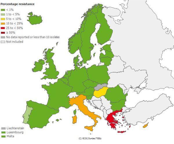 K. pneumoniae atsparumas karbapenemams 2010 metais Europoje Per 2007-2011 metus EARS-Net tinklo