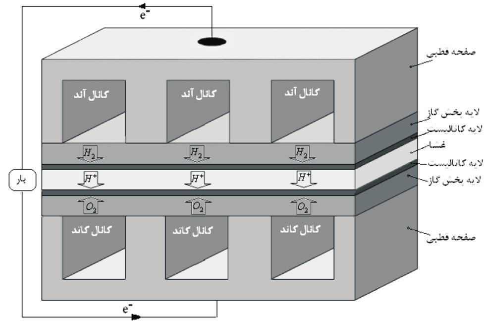 تحليل عملکرد سامانة پيل سوختي غشا پليمري در خودرو 4-2 پيل سوختي غشا پليمري ساختمان و طريقه عملكرد اين پيل در شكل ( )1 نشان داده شده است.