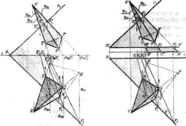 13-rasm 14-rasm SA, SB, SC qirralar orqali yordamchi N,, N 2, N 3 frontal proyeksiyalovchi tekisliklar o'tkaziladi; bu tekisliklarning P tekislik bilan kesishgan chiziqlari E,F,, E 2 F 2, E 3 F 3