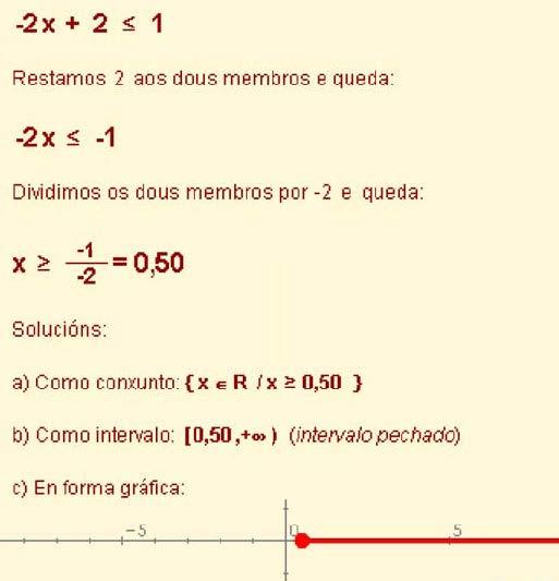 Resolución Este proceso consiste en ir transformando a inecuación inicial noutras equivalentes máis simples ata que o resultado final sexa dalgún dos seguintes tipos: ou ata que o resultado final