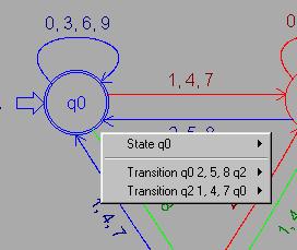 Izbornik sa više otkrivenih objekata na prikaz konačnog automata sa izmijenjenim grafičkim istom mjestu radne površine parametrom tog objekta, tako da korisnik vidi promjene koje se događaju na
